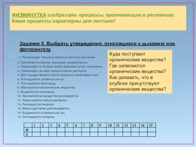 ФИЗМИНУТКА изобразить процессы, протекающие в растениях. Какие процессы характерны для листьев?