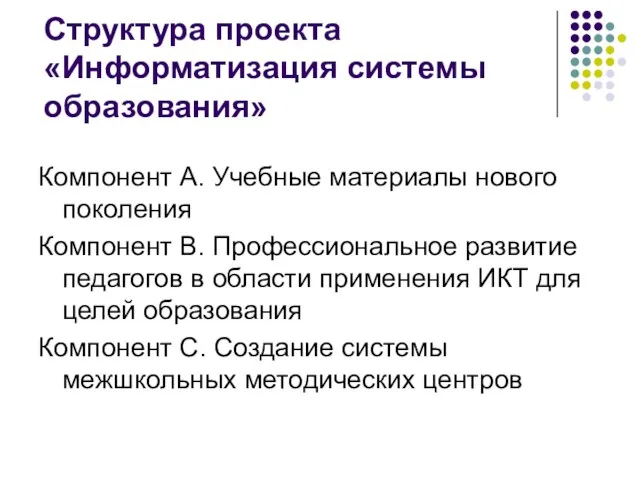 Структура проекта «Информатизация системы образования» Компонент А. Учебные материалы нового поколения