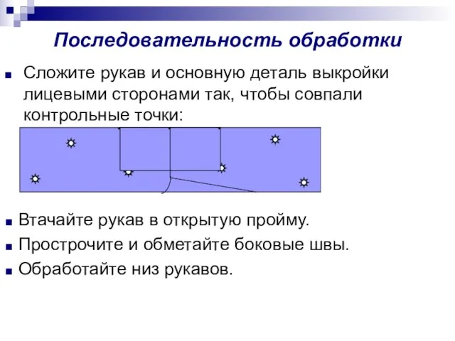 Последовательность обработки Сложите рукав и основную деталь выкройки лицевыми сторонами так,