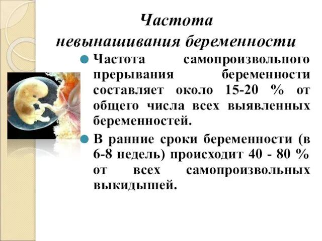 Частота невынашивания беременности Частота самопроизвольного прерывания беременности составляет около 15-20 %