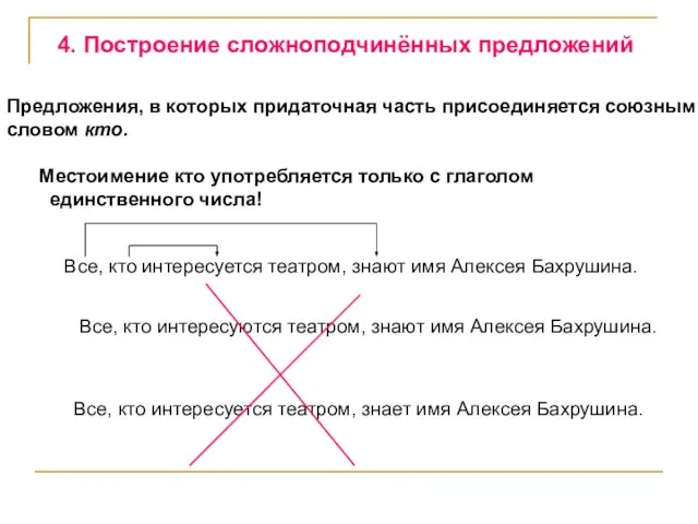 4. Построение сложноподчинённых предложений Предложения, в которых придаточная часть присоединяется союзным