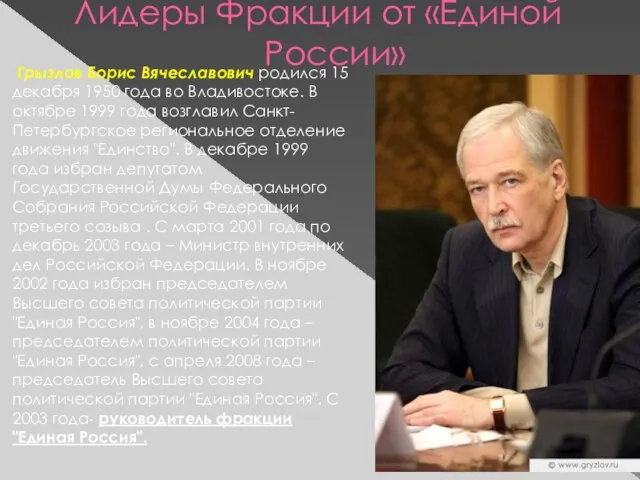 Лидеры Фракции от «Единой России» Грызлов Борис Вячеславович родился 15 декабря