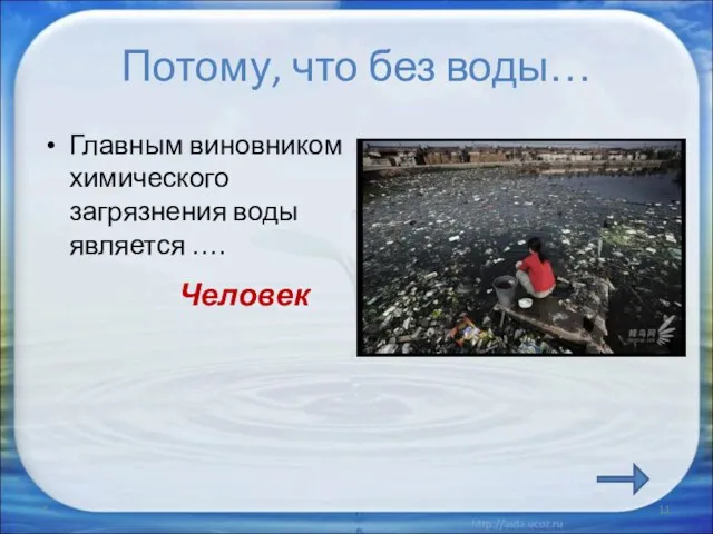 Потому, что без воды… Главным виновником химического загрязнения воды является …. * Человек