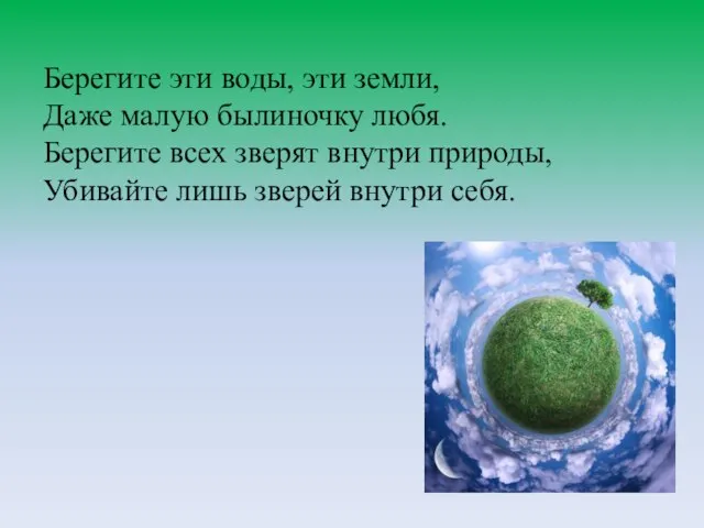 Берегите эти воды, эти земли, Даже малую былиночку любя. Берегите всех