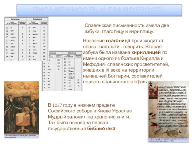ПИСЬМЕННОСТЬ И ГРАМОТНОСТЬ Славянская письменность имела две азбуки: глаголицу и кириллицу.