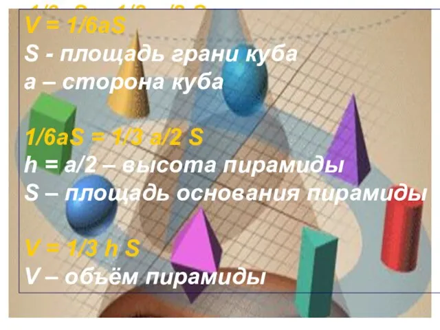 V = 1/6aS S - площадь грани куба а – сторона