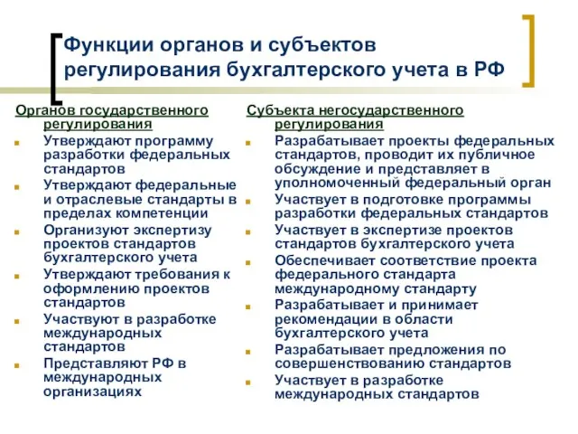 Функции органов и субъектов регулирования бухгалтерского учета в РФ Органов государственного