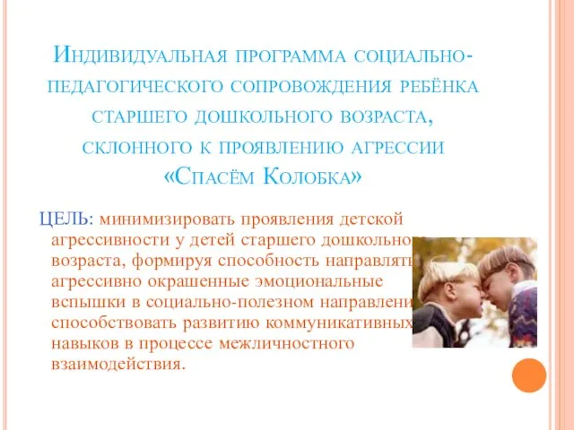 Индивидуальная программа социально-педагогического сопровождения ребёнка старшего дошкольного возраста, склонного к проявлению