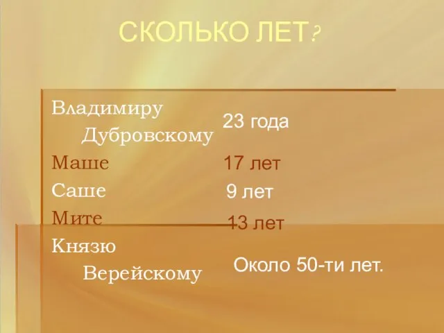 СКОЛЬКО ЛЕТ? Владимиру Дубровскому Маше Саше Мите Князю Верейскому 23 года