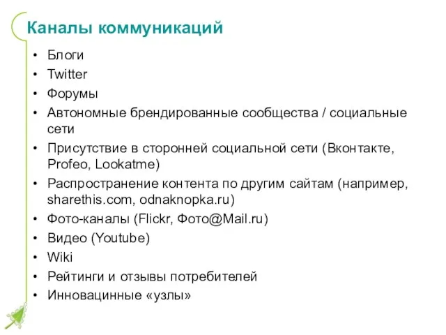 Каналы коммуникаций Блоги Twitter Форумы Автономные брендированные сообщества / социальные сети