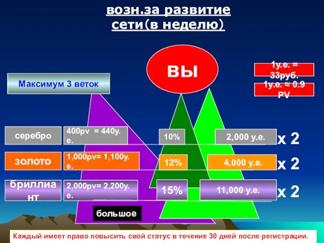 серебро золото бриллиант вы 400pv = 440у.е. 1,000pv= 1,100у.е. 2,000pv= 2,200у.е.