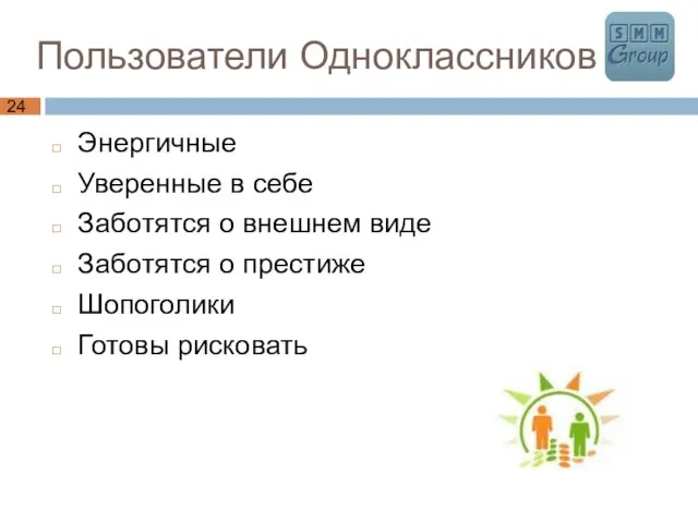 Пользователи Одноклассников Энергичные Уверенные в себе Заботятся о внешнем виде Заботятся о престиже Шопоголики Готовы рисковать