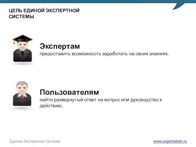 ЦЕЛЬ ЕДИНОЙ ЭКСПЕРТНОЙ СИСТЕМЫ Экспертам предоставить возможность заработать на своих знаниях.