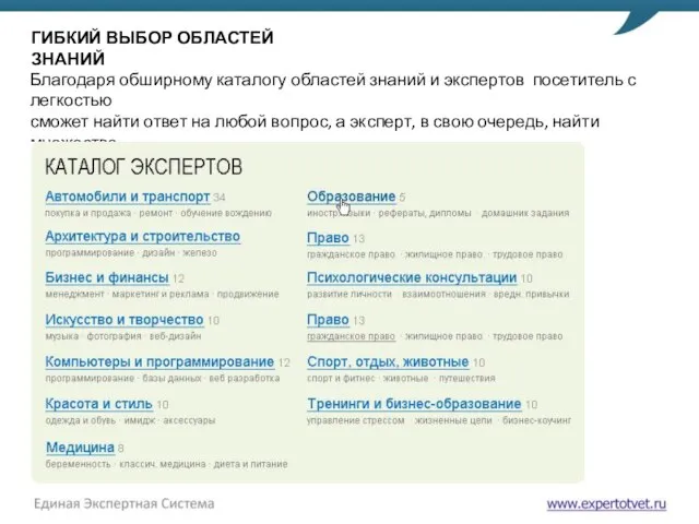 ГИБКИЙ ВЫБОР ОБЛАСТЕЙ ЗНАНИЙ Благодаря обширному каталогу областей знаний и экспертов