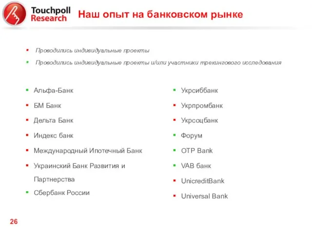 Наш опыт на банковском рынке Альфа-Банк БМ Банк Дельта Банк Индекс