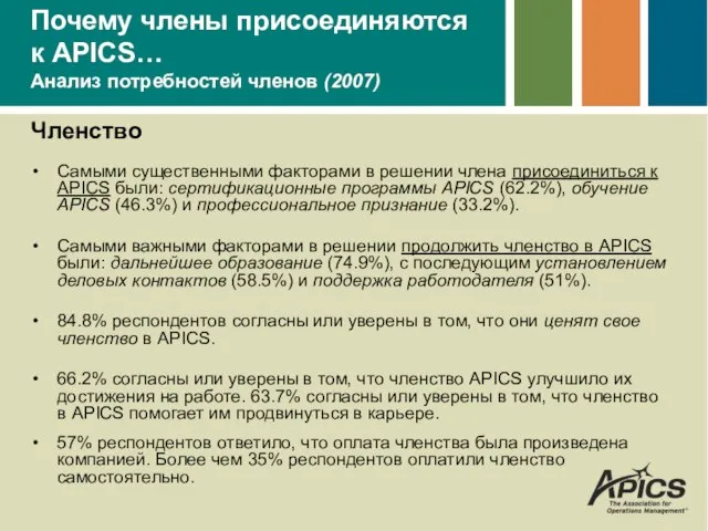 Почему члены присоединяются к APICS… Анализ потребностей членов (2007) Членство Самыми