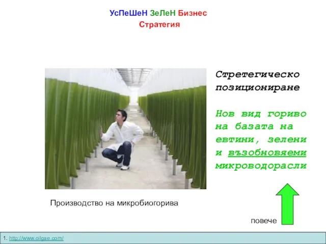 УсПеШеН ЗеЛеН Бизнес Стратегия Производство на микробиогорива Стретегическо позициониране Нов вид