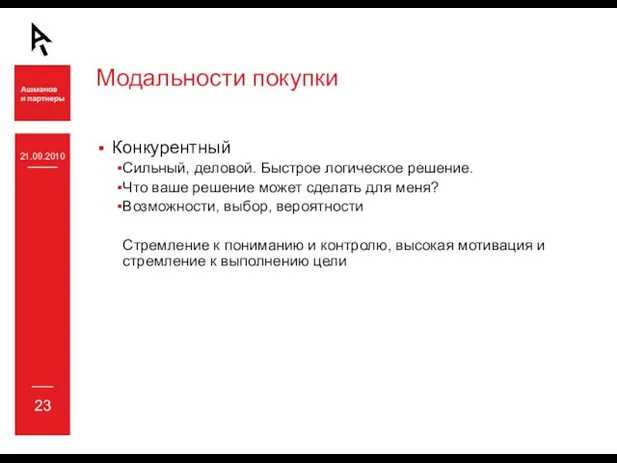 21.09.2010 23 Модальности покупки Конкурентный Сильный, деловой. Быстрое логическое решение. Что