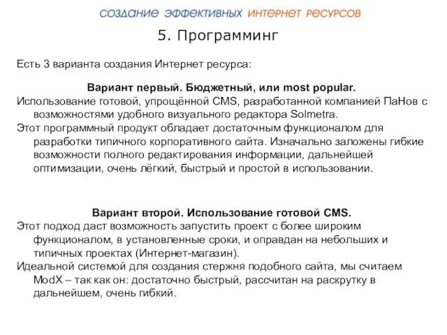 5. Программинг Есть 3 варианта создания Интернет ресурса: Вариант второй. Использование