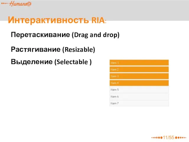 11/55 Перетаскивание (Drag and drop) Растягивание (Resizable) Интерактивность RIA: Выделение (Selectable )