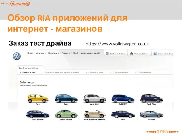 Обзор RIA приложений для интернет - магазинов Заказ тест драйва online https://www.volkswagen.co.uk 37/55