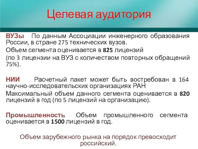 Целевая аудитория ВУЗы По данным Ассоциации инженерного образования России, в стране