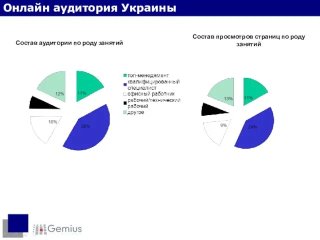 Состав аудитории по роду занятий Состав просмотров страниц по роду занятий Социальный статус Онлайн аудитория Украины