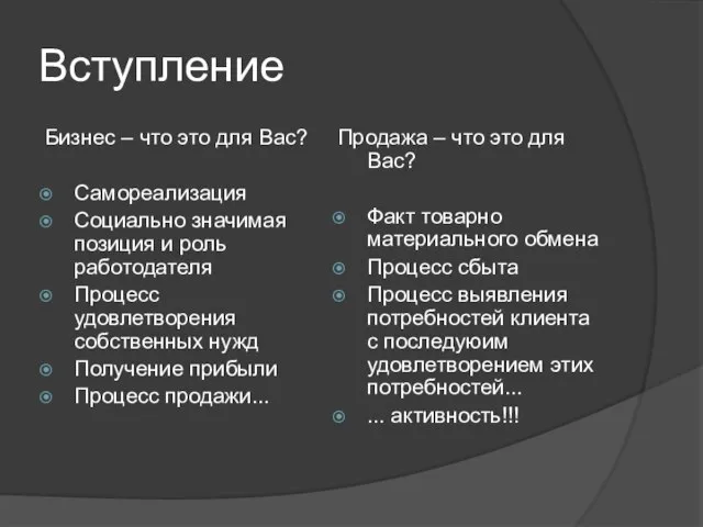 Вступление Бизнес – что это для Вас? Самореализация Социально значимая позиция