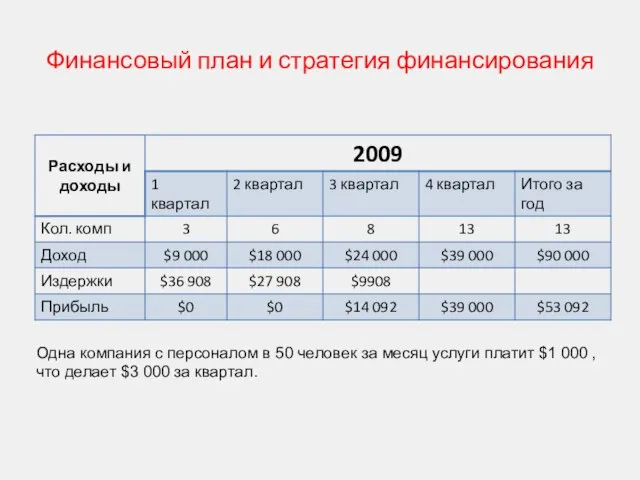 Финансовый план и стратегия финансирования Одна компания с персоналом в 50