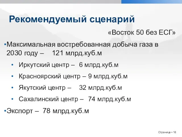 «Восток 50 без ЕСГ» Максимальная востребованная добыча газа в 2030 году