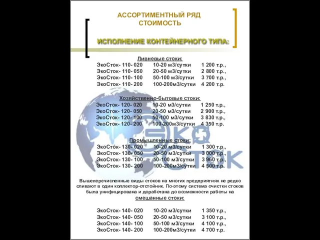 АССОРТИМЕНТНЫЙ РЯД СТОИМОСТЬ Ливневые стоки: ЭкоСток- 110- 020 10-20 м3/сутки 1