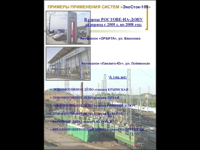 ПРИМЕРЫ ПРИМЕНЕНИЯ СИСТЕМ «ЭкоСток-100» В городе РОСТОВЕ-НА-ДОНУ за период с 2005