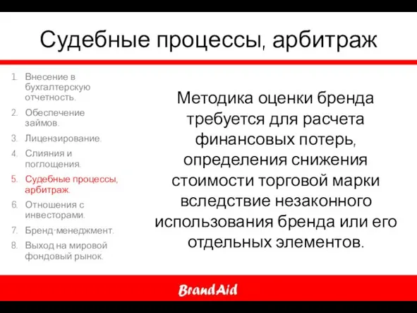 Судебные процессы, арбитраж Методика оценки бренда требуется для расчета финансовых потерь,