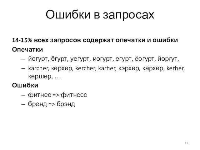 Ошибки в запросах 14-15% всех запросов содержат опечатки и ошибки Опечатки