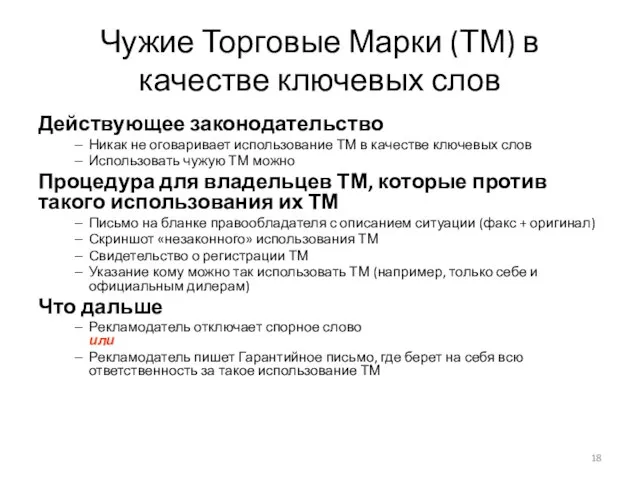 Чужие Торговые Марки (ТМ) в качестве ключевых слов Действующее законодательство Никак