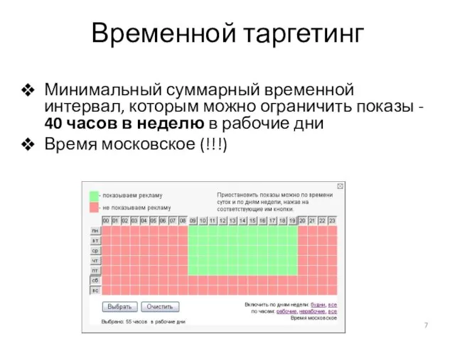 Временной таргетинг Минимальный суммарный временной интервал, которым можно ограничить показы -