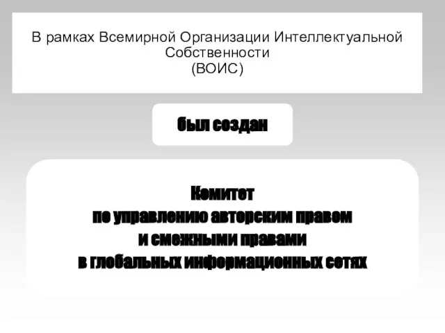 В рамках Всемирной Организации Интеллектуальной Собственности (ВОИС) Комитет по управлению авторским