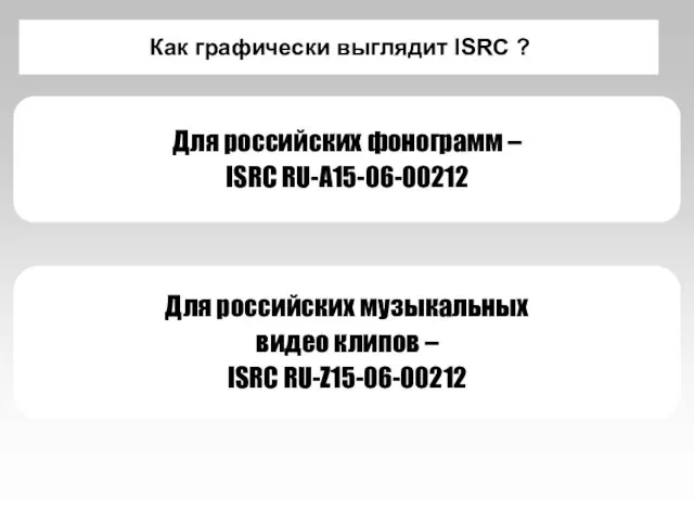 Как графически выглядит ISRC ? Для российских фонограмм – ISRC RU-A15-06-00212