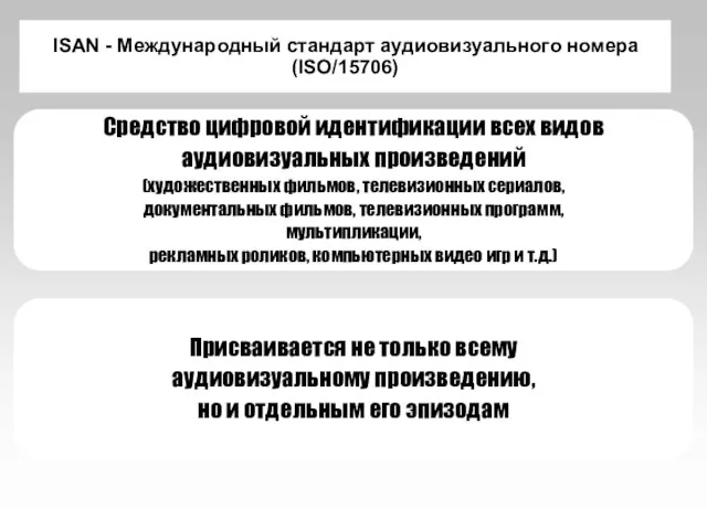 ISAN - Международный стандарт аудиовизуального номера (ISO/15706) Средство цифровой идентификации всех