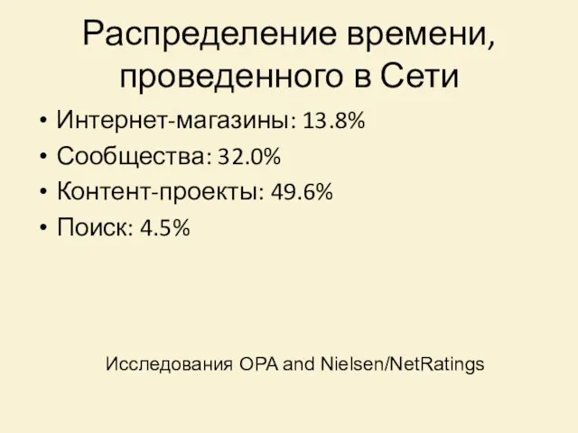 Распределение времени, проведенного в Сети Интернет-магазины: 13.8% Сообщества: 32.0% Контент-проекты: 49.6%