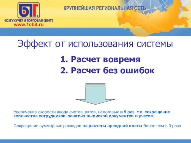 Эффект от использования системы 1. Расчет вовремя 2. Расчет без ошибок