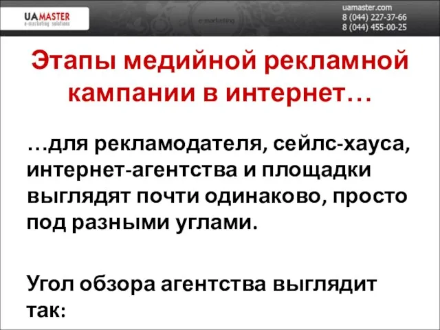 Этапы медийной рекламной кампании в интернет… …для рекламодателя, сейлс-хауса, интернет-агентства и