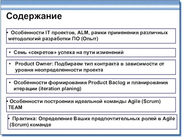 Содержание Особенности IT проектов, ALM, рамки применения различных методологий разработки ПО