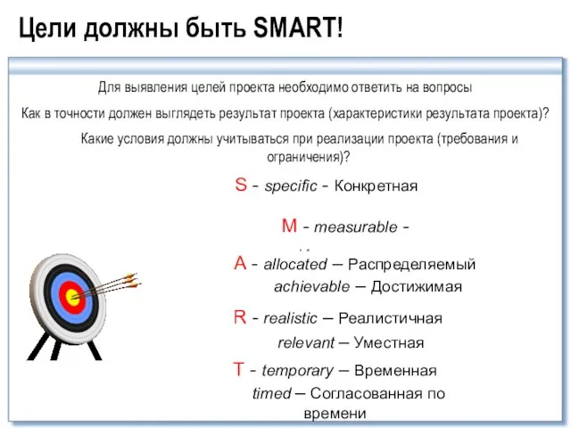 Цели должны быть SMART! S - specific - Конкретная Для выявления