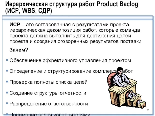 Иерархическая структура работ Product Baclog (ИСР, WBS, СДР) ИСР – это