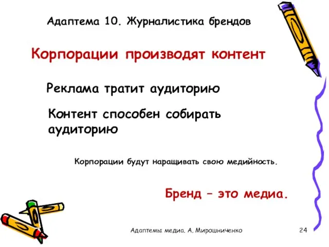 Корпорации производят контент Адаптемы медиа. А. Мирошниченко Адаптема 10. Журналистика брендов