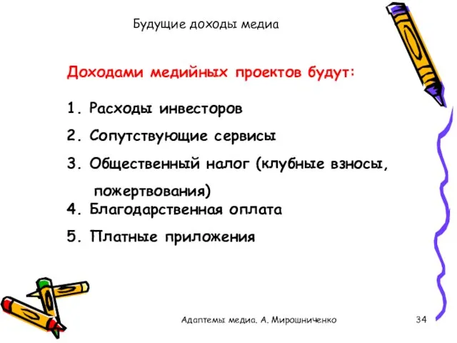 Будущие доходы медиа Адаптемы медиа. А. Мирошниченко Доходами медийных проектов будут: