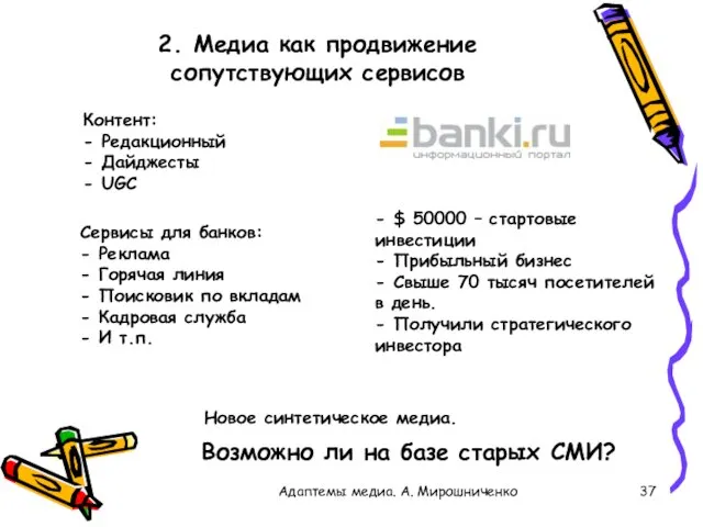 2. Медиа как продвижение сопутствующих сервисов Адаптемы медиа. А. Мирошниченко Контент: