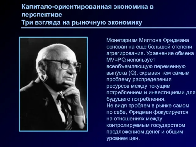 Капитало-ориентированная экономика в перспективе Три взгляда на рыночную экономику Монетаризм Милтона