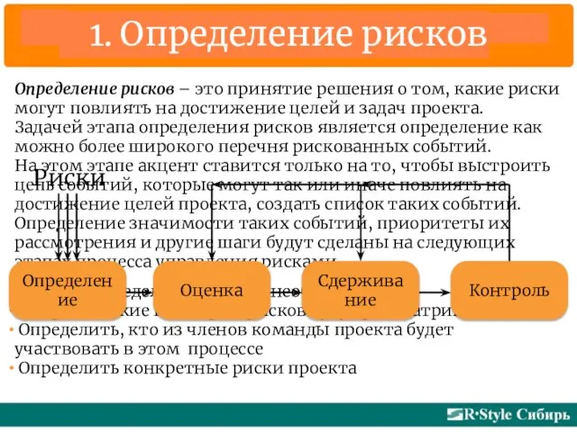 1. Определение рисков Определение рисков – это принятие решения о том,